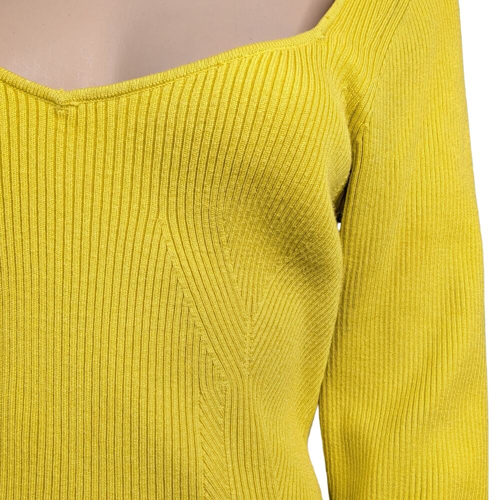 Anthropologie Sweetheart Neckline Sweater Large L Citron Yellow Ribbed Knit EUC - Picture 6 of 11